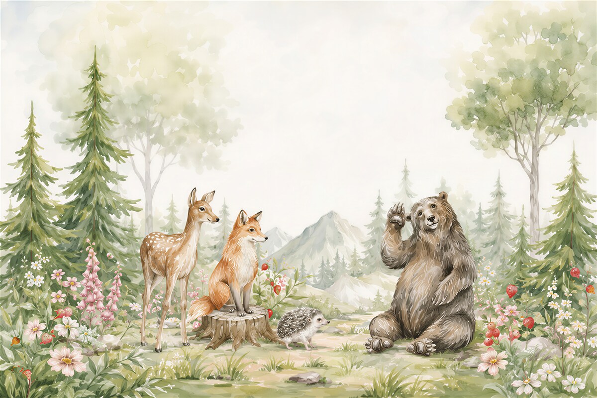 Papier peint forêt féerique avec des animaux sauvages