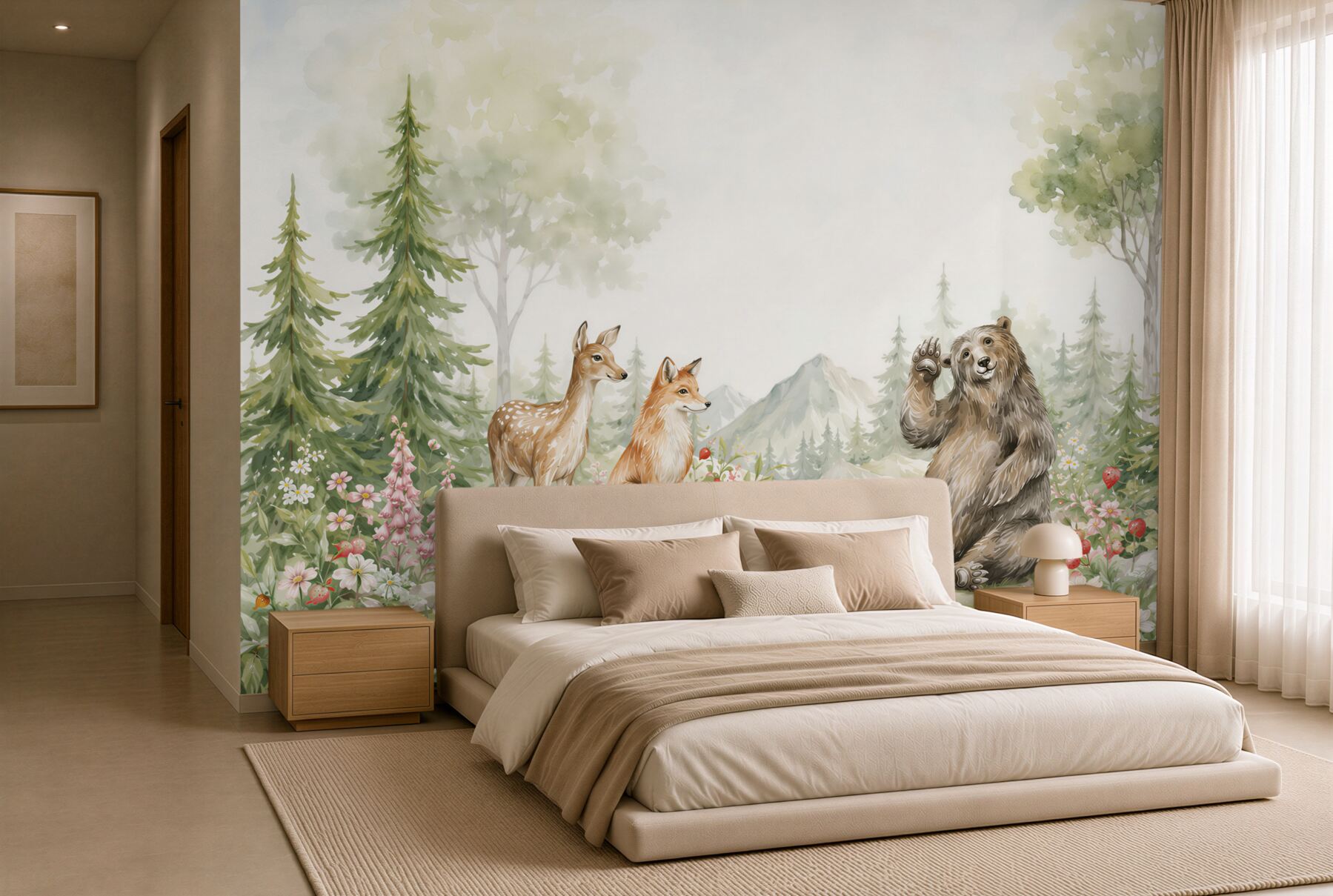 Papier peint forêt féerique avec des animaux sauvages