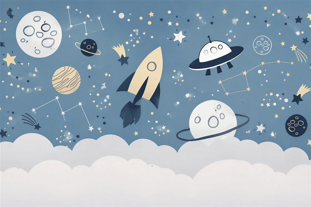 Papier peint fusée et ovni dans l'espace