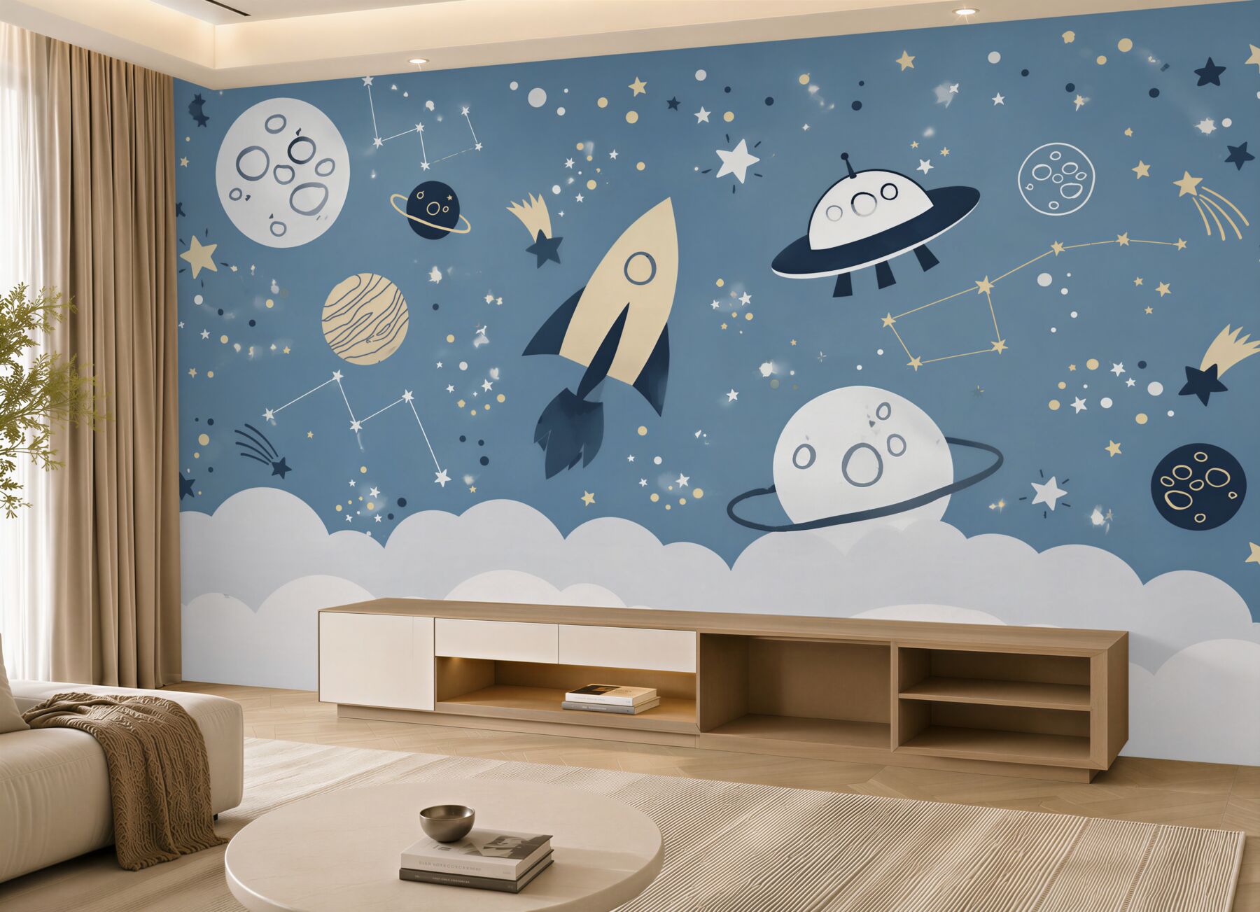 Papier peint fusée et ovni dans l'espace