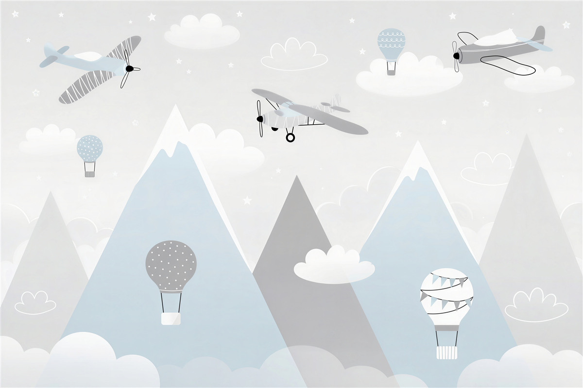Papier peint avions et montgolfières au-dessus des montagnes