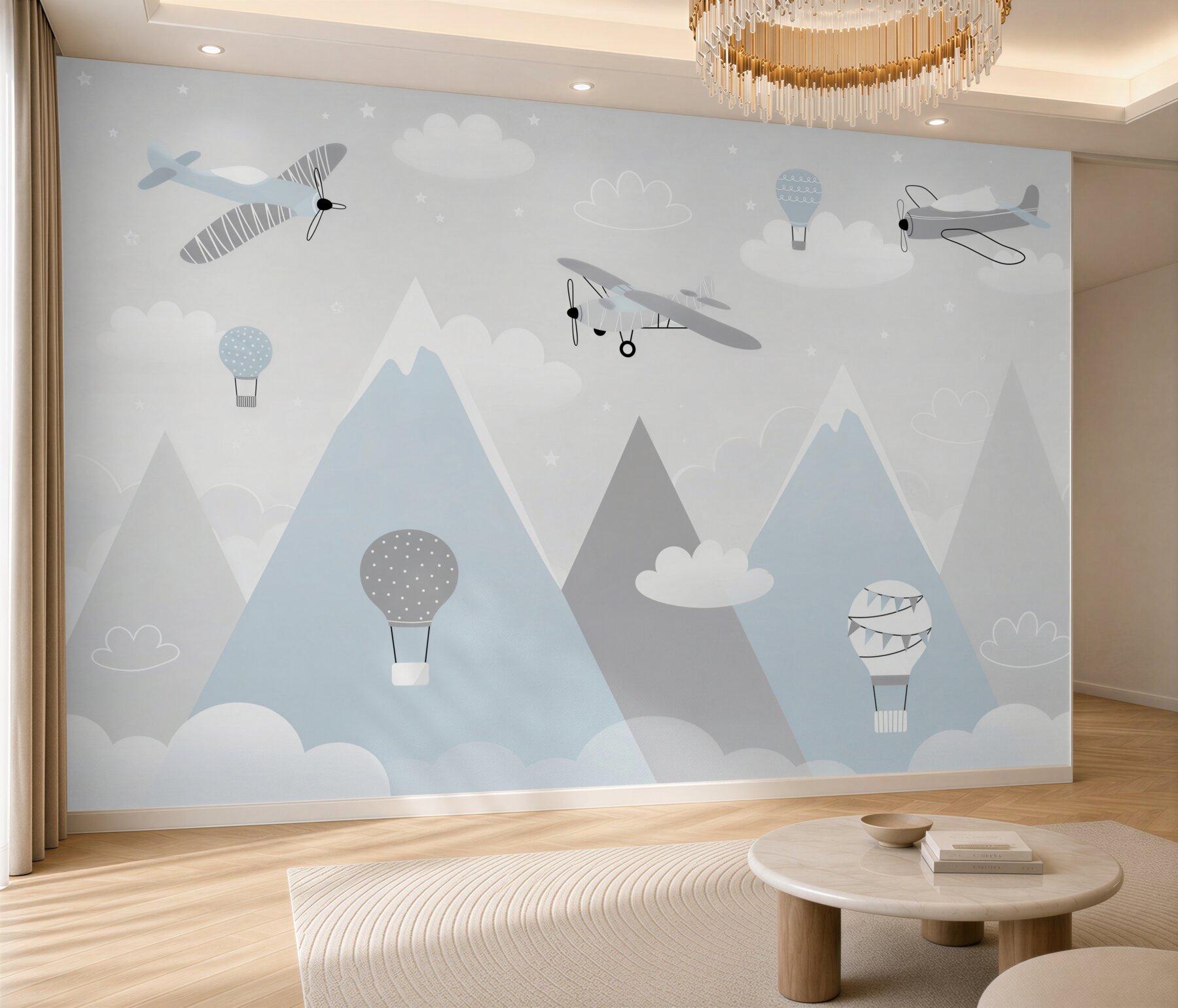 Papier peint avions et montgolfières au-dessus des montagnes