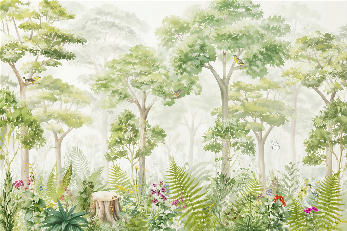 Papier peint aquarelle forestière pâle