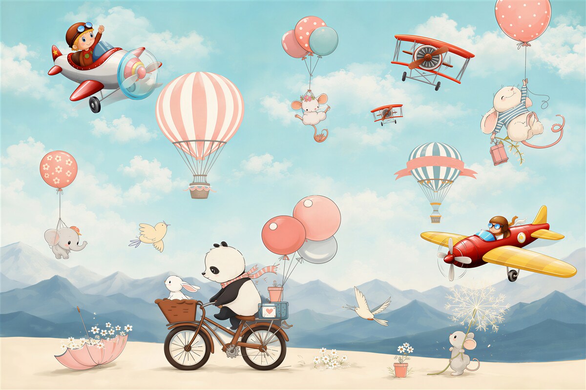 Papier peint panda à vélo et autres animaux volants