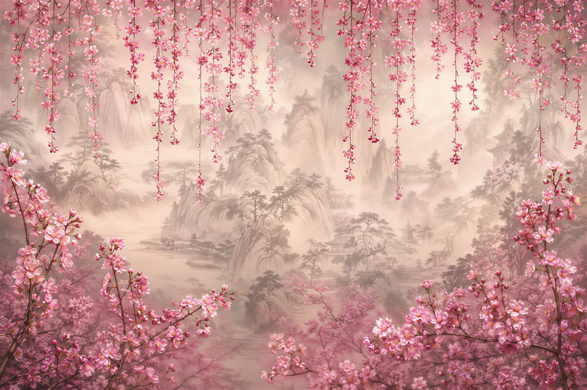 Papier peint fleurs roses tombant au-dessus de l'eau
