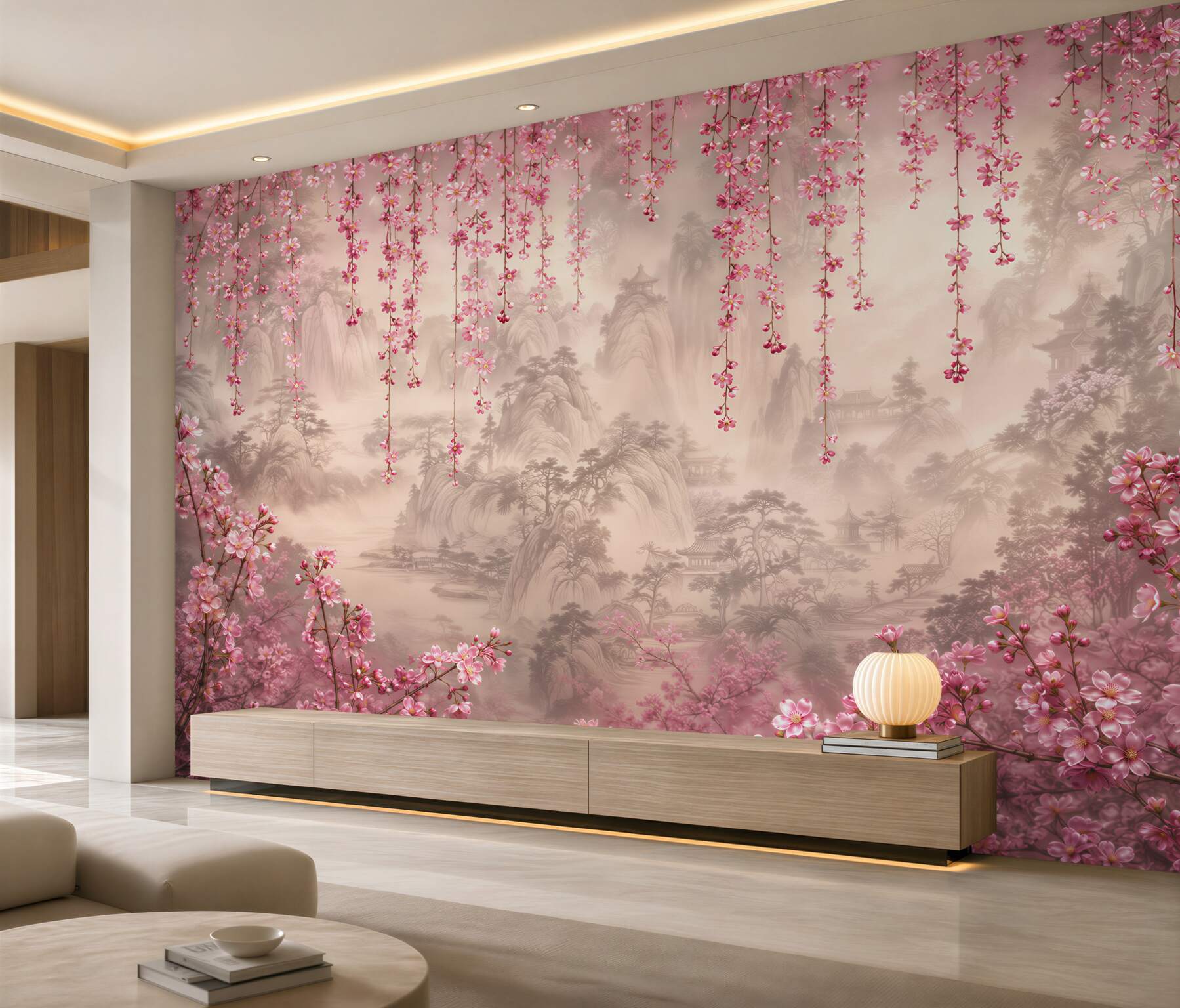 Papier peint fleurs roses tombant au-dessus de l'eau