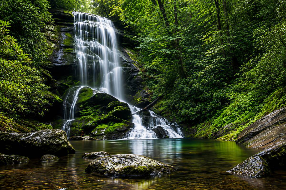 Papier peint eaux tombant d'une cascade de montagne dans la forêt