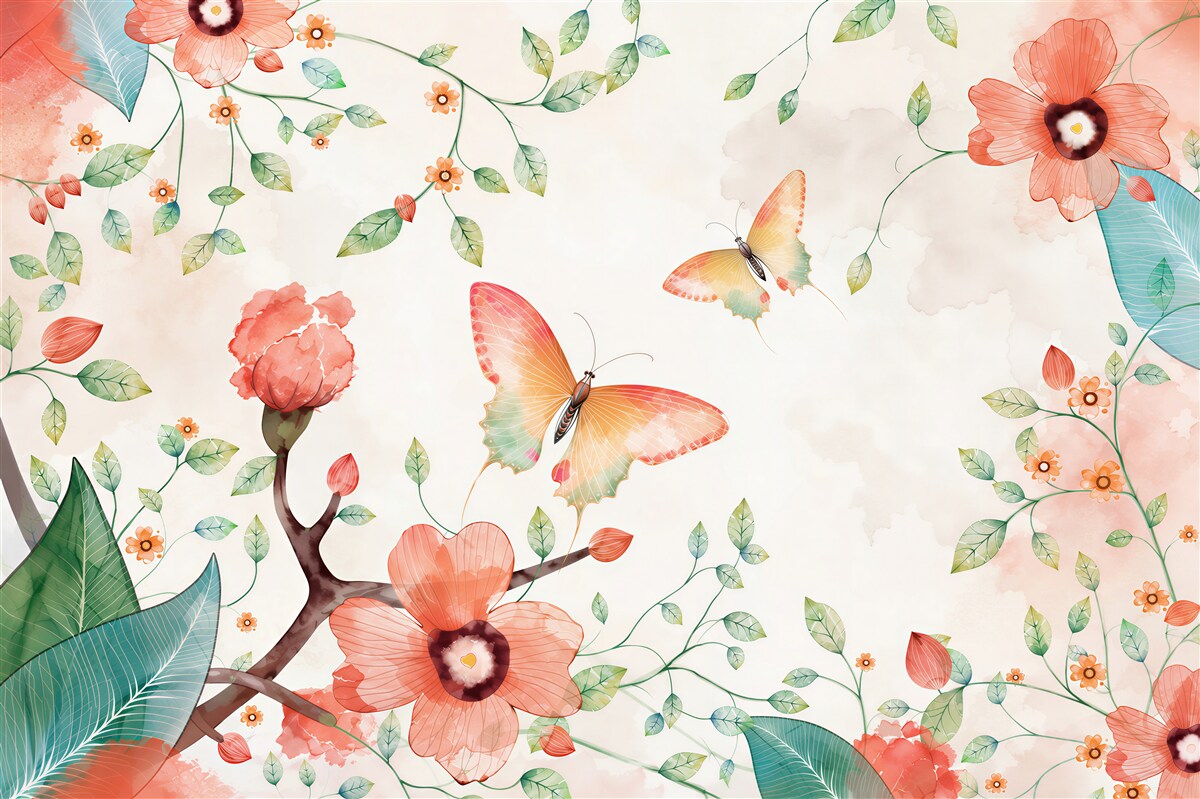 Papier peint aquarelle fleurs et papillons