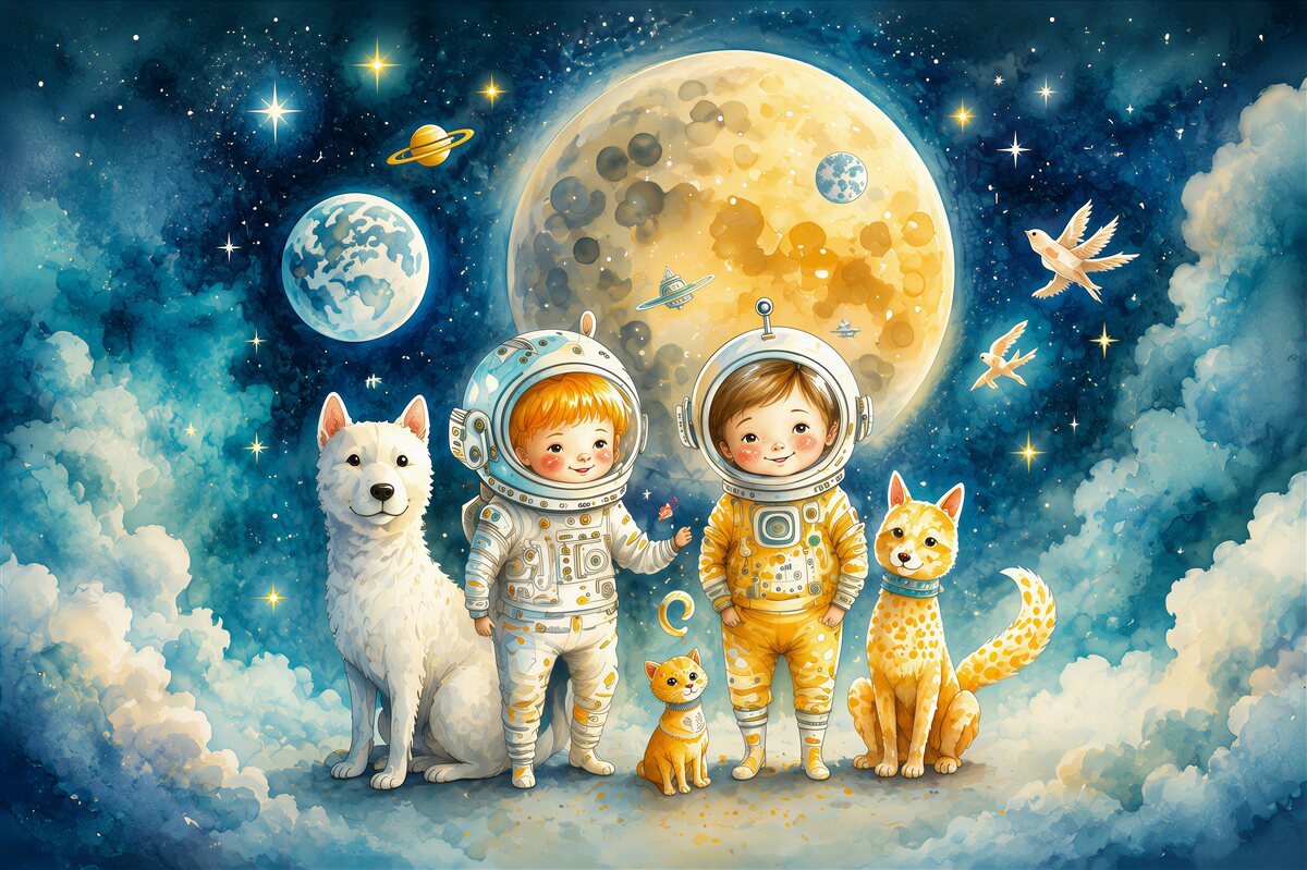 Papier peint enfants avec des animaux dans l'espace
