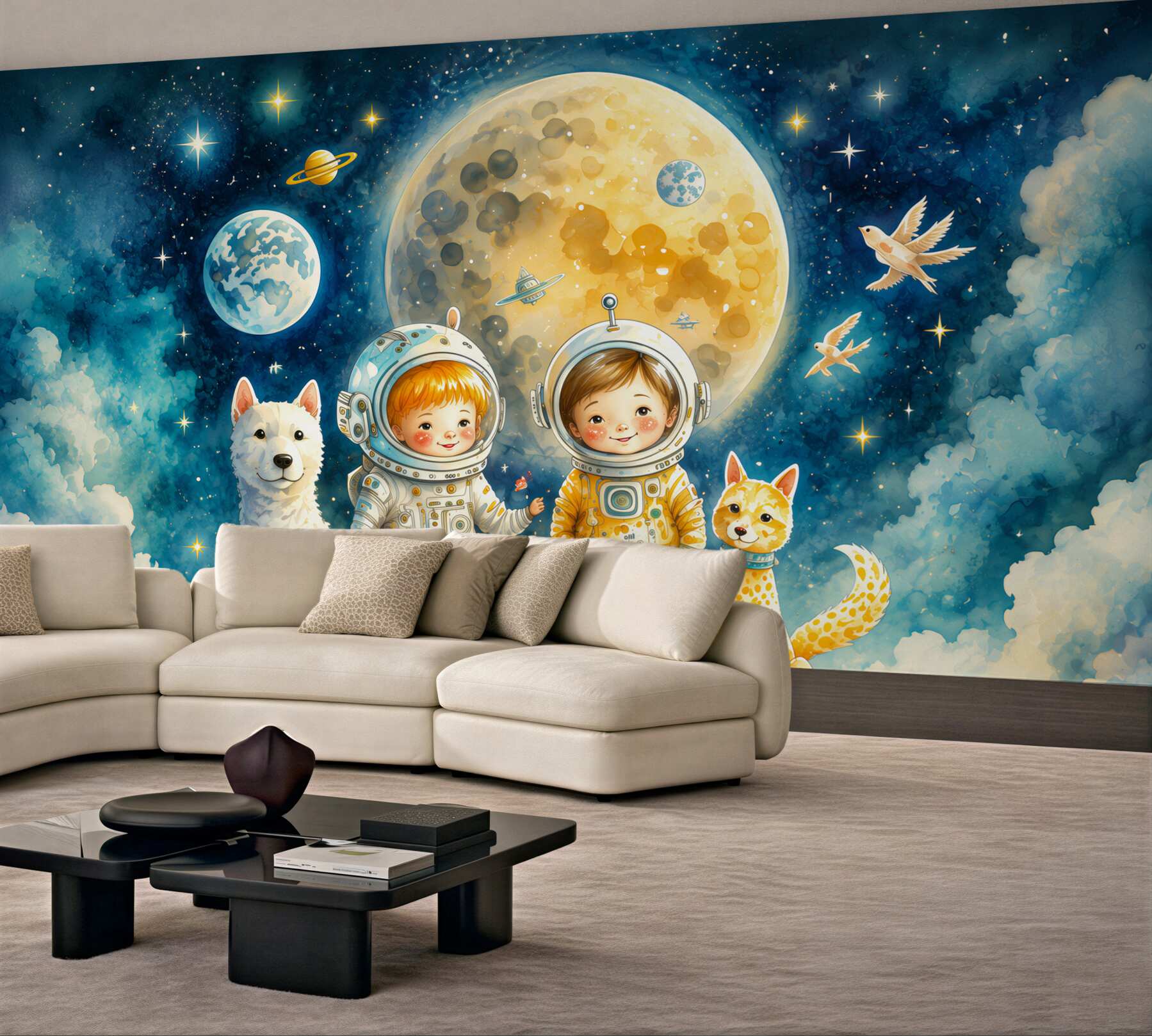 Papier peint enfants avec des animaux dans l'espace