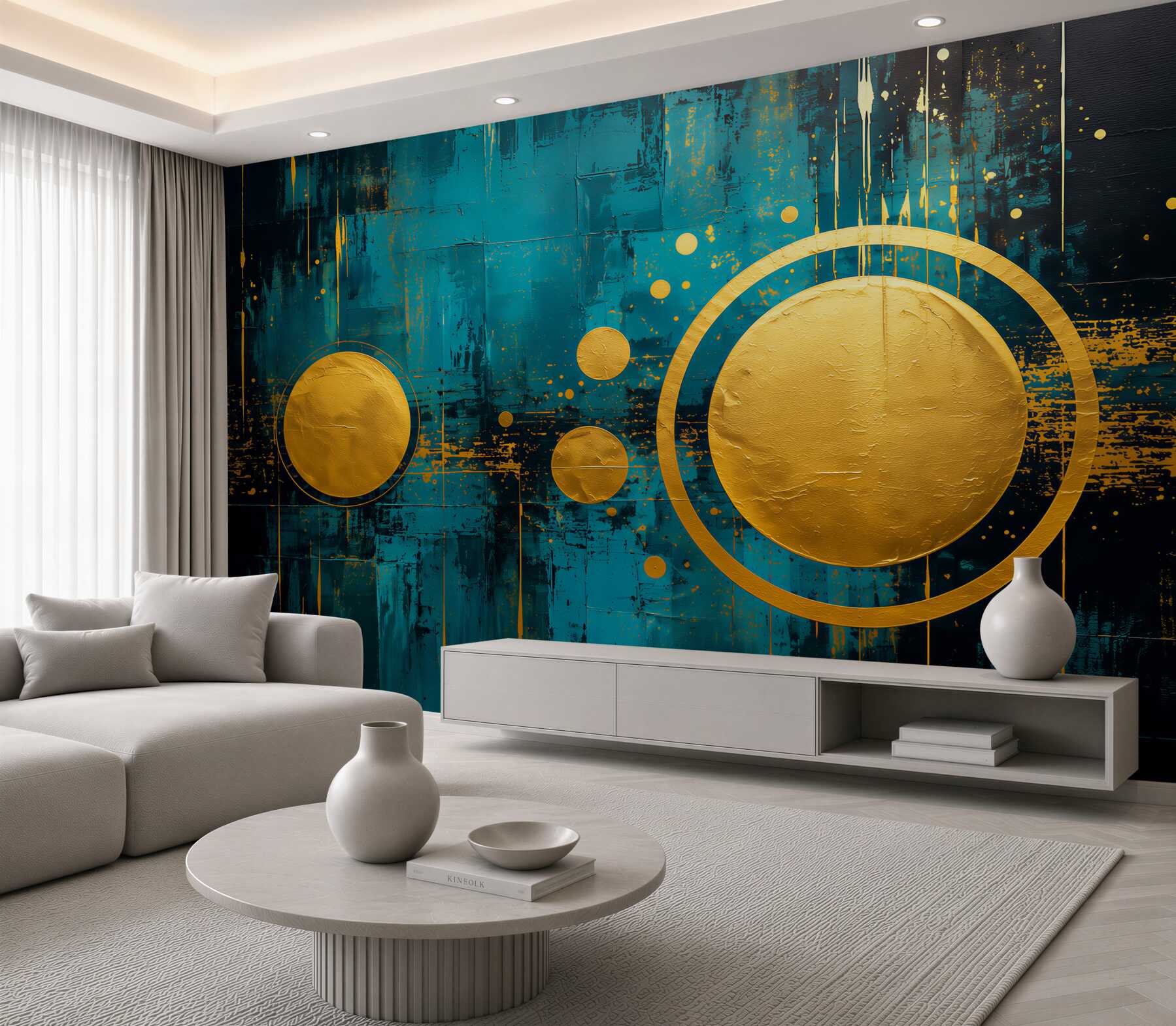 Papier peint Cercles dorés sur fond turquoise