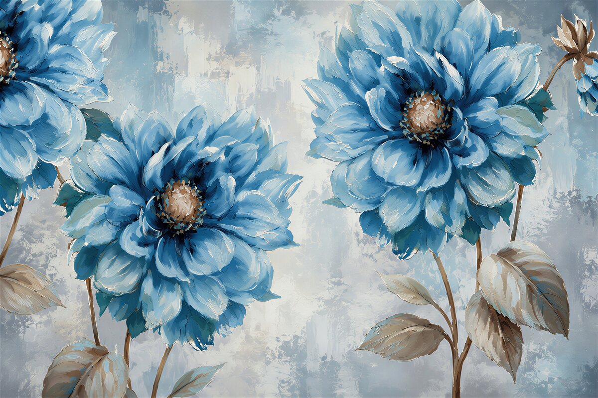 Papier peint fleurs bleues et oiseaux sous la pluie d'été