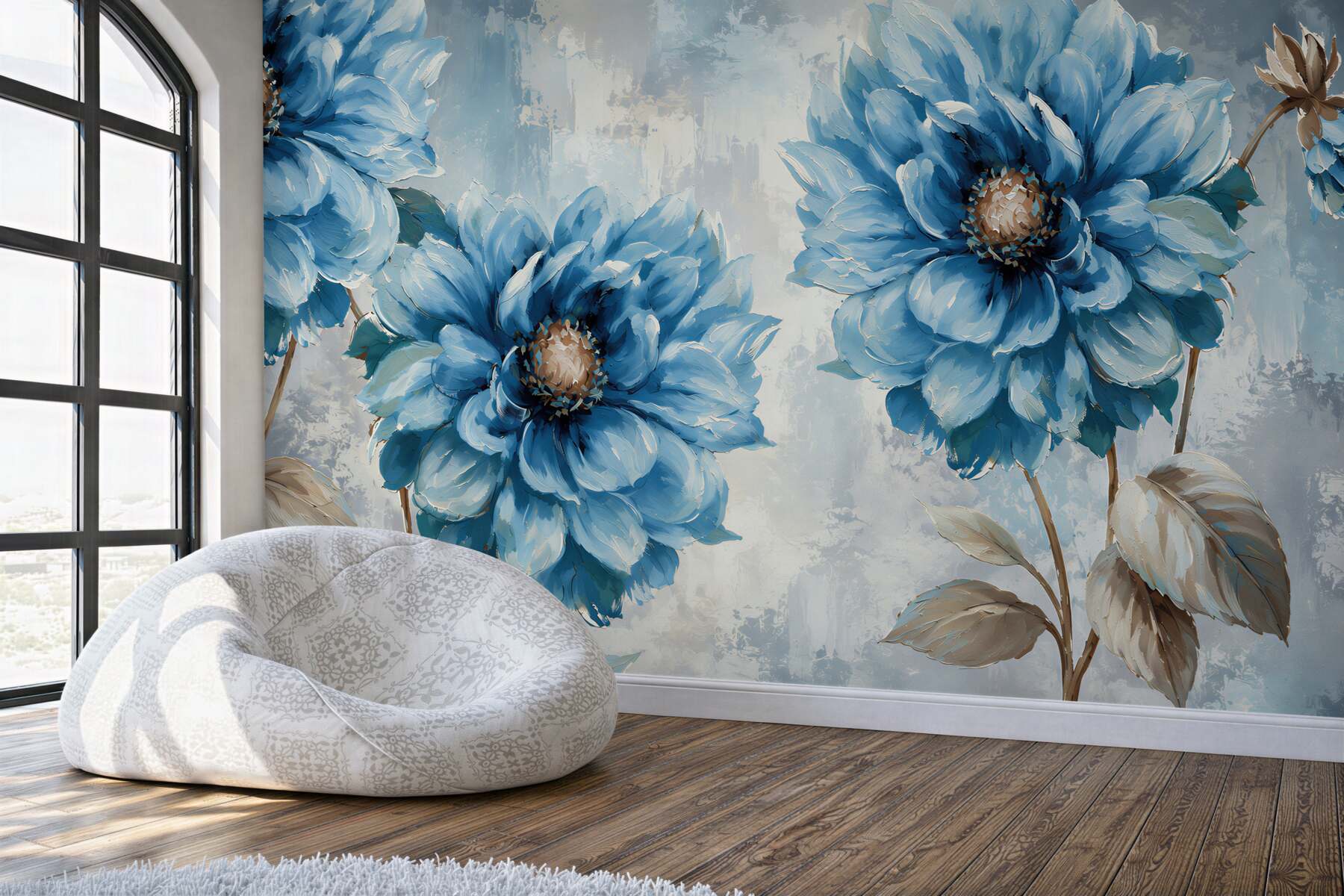 Papier peint fleurs bleues et oiseaux sous la pluie d'été