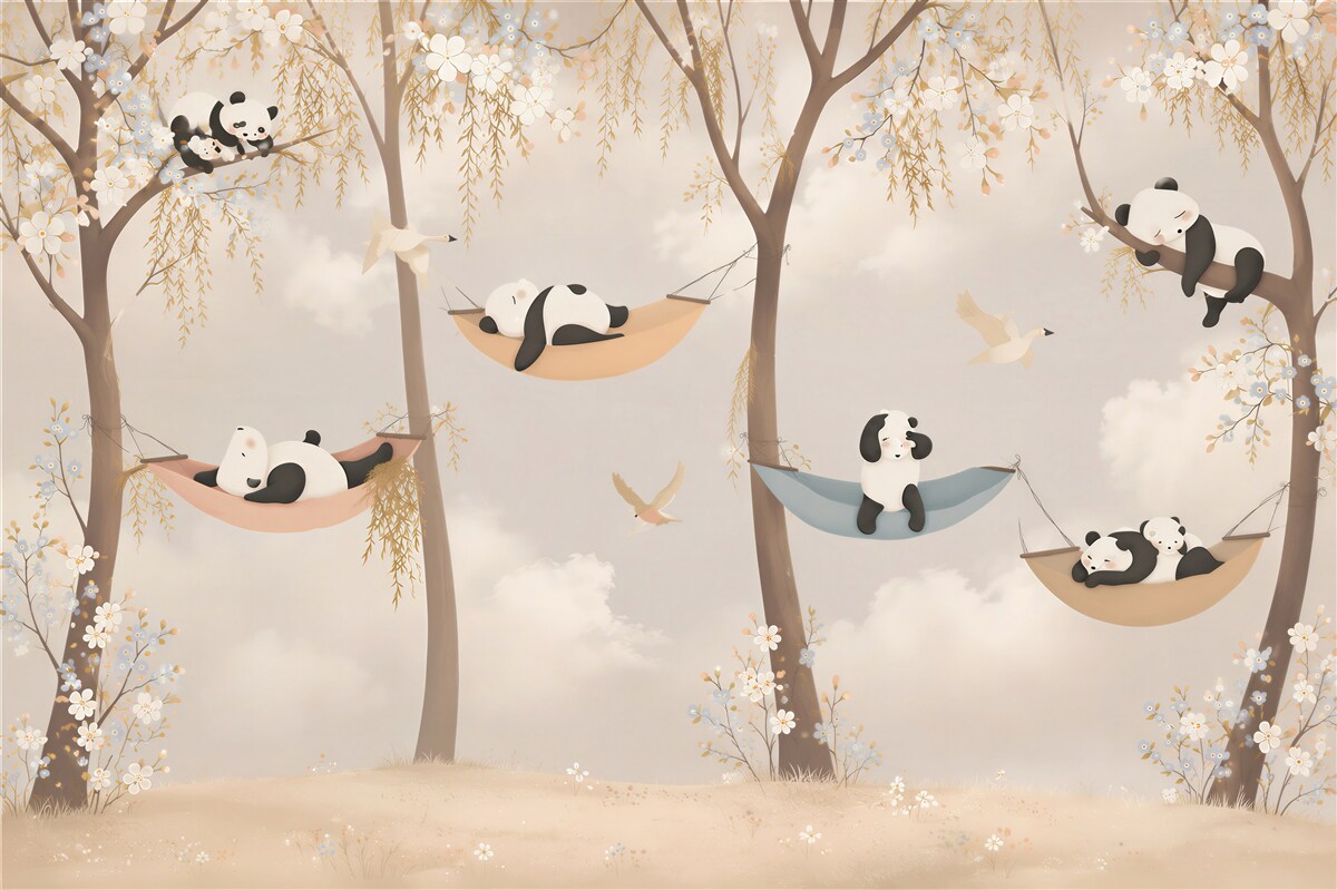Papier peint Panda se repose sur des hamacs