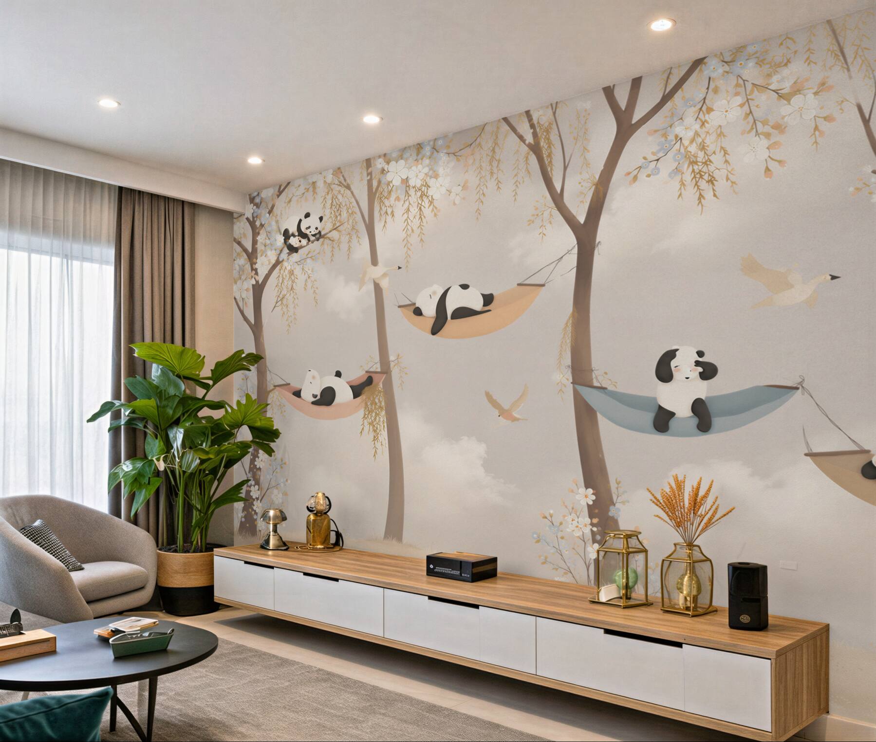 Papier peint Panda se repose sur des hamacs
