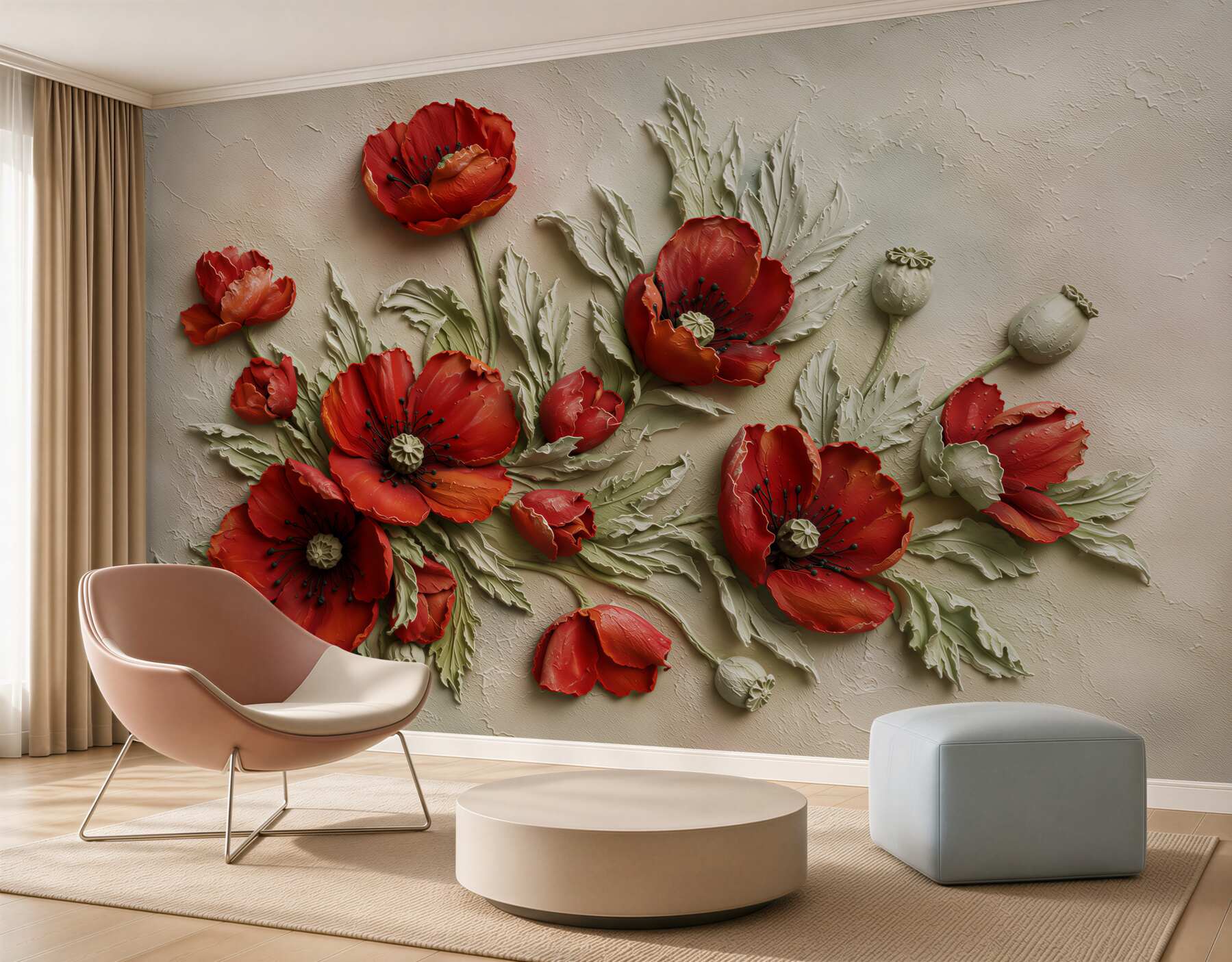 Papier peint coquelicots rouges texturés et lumineux