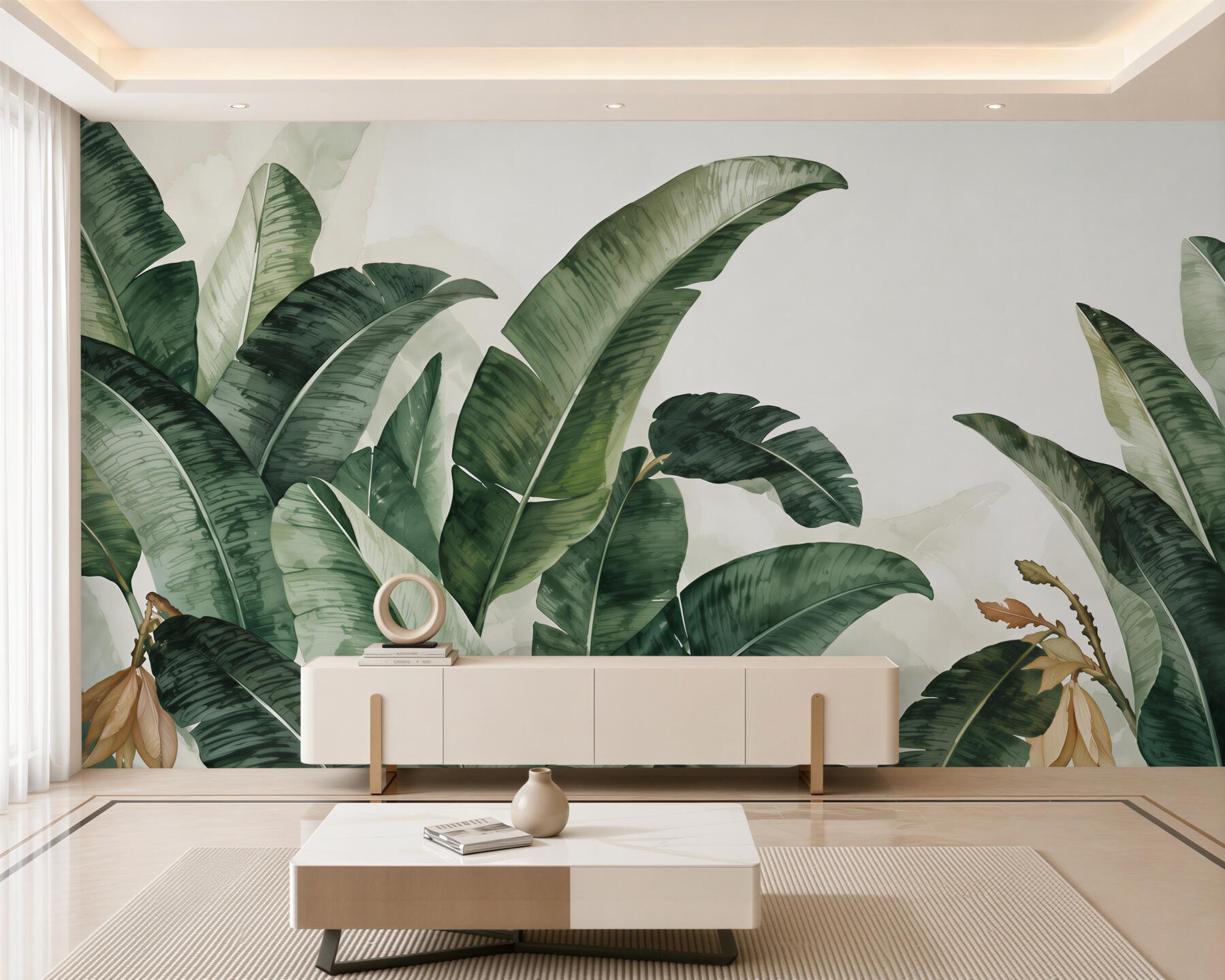 Papier peint grandes feuilles tropicales vert foncé