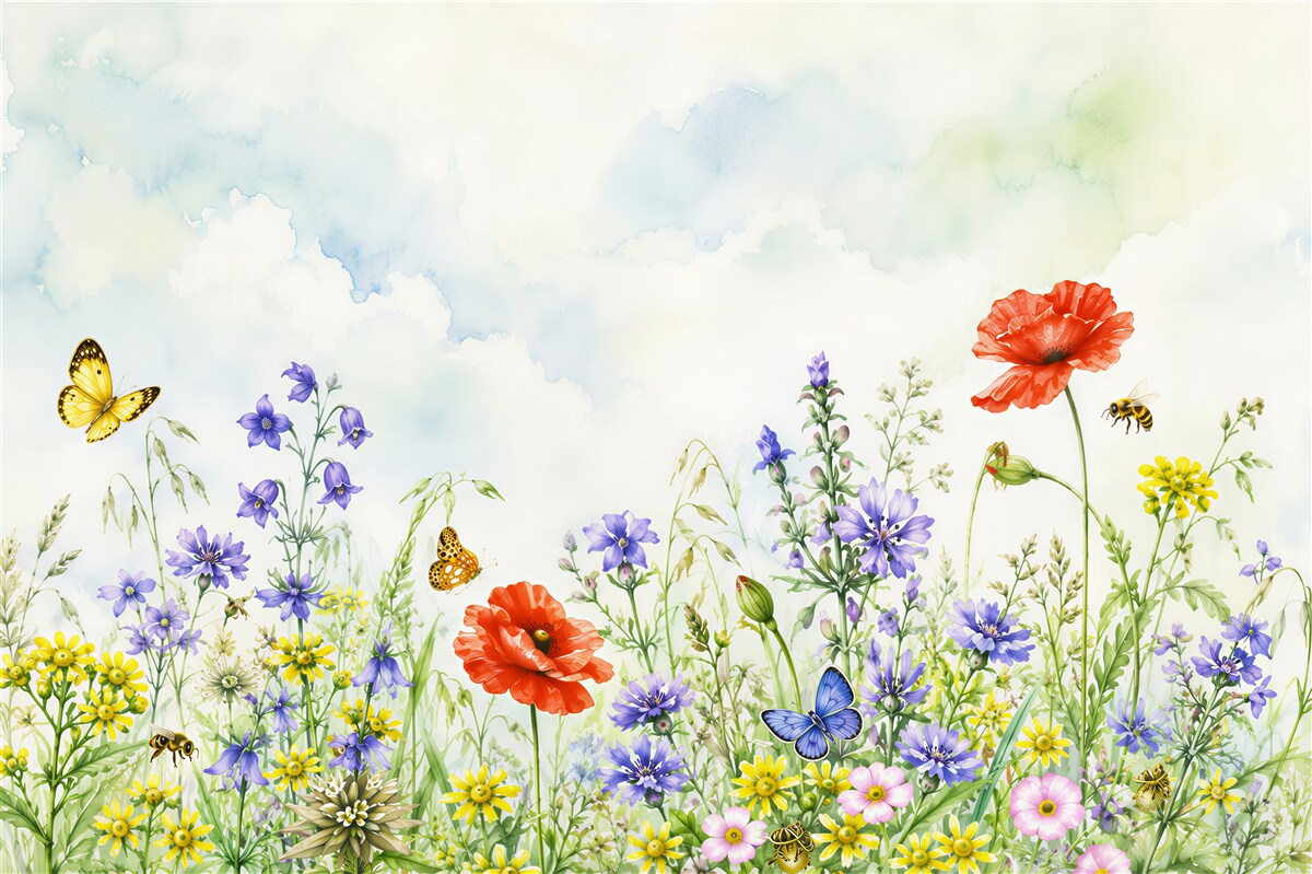Papier peint fleurs d'été lumineuses et papillons