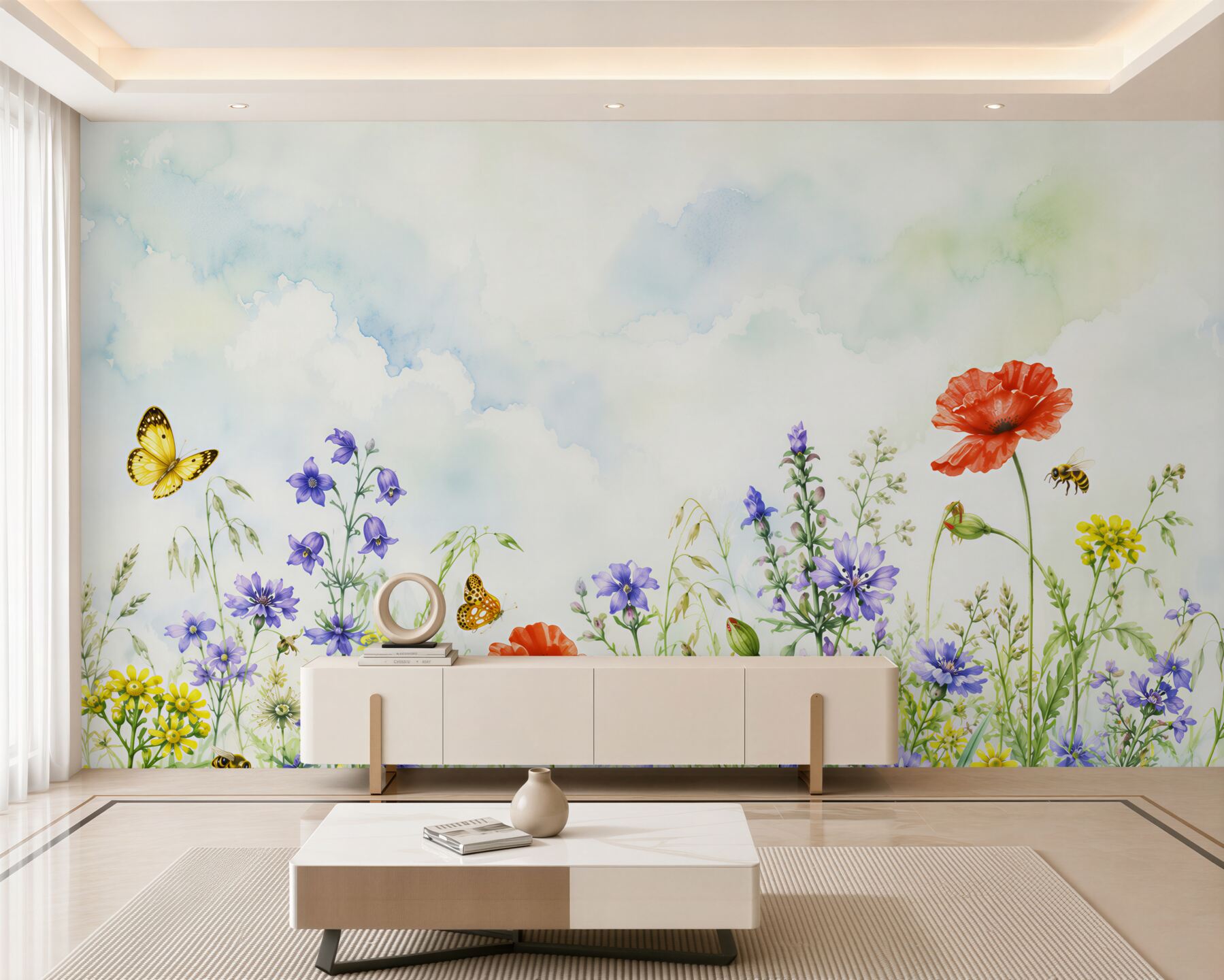 Papier peint fleurs d'été lumineuses et papillons