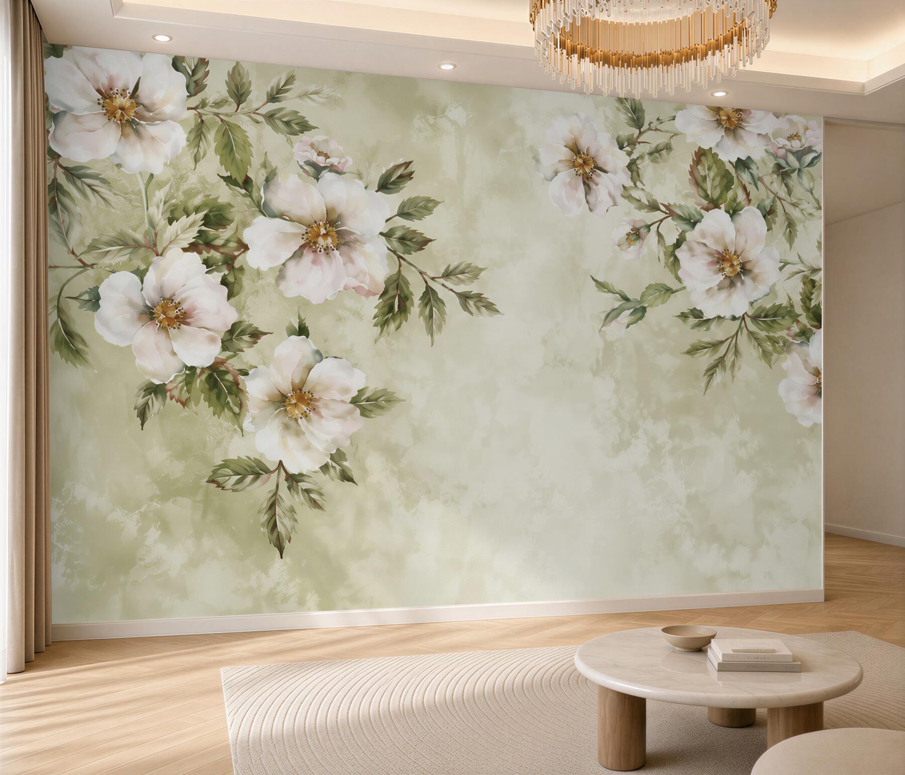 Papier peint branches fleuries de magnolia blanc