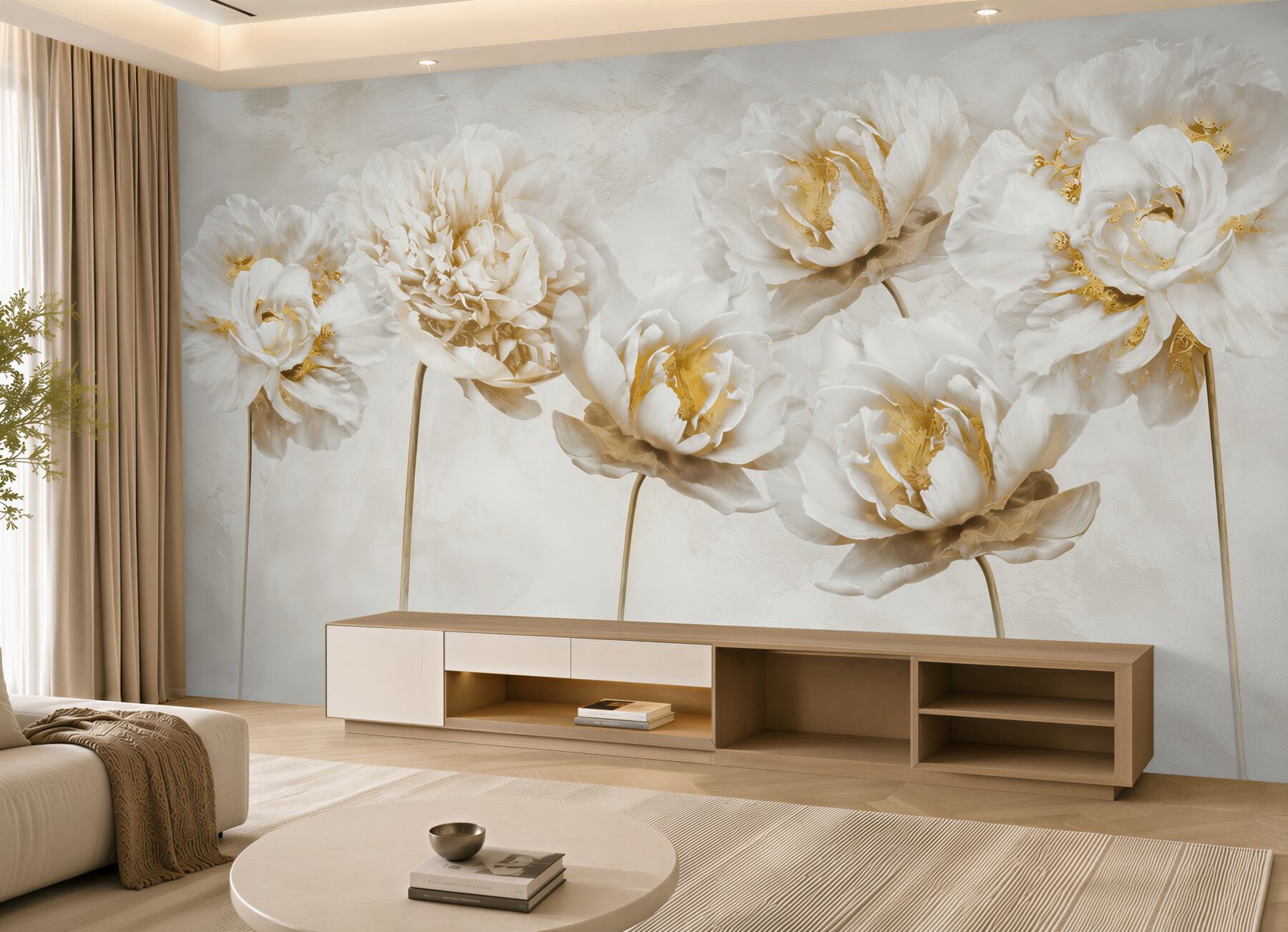 Papier peint fleurs élancées en or et en soie
