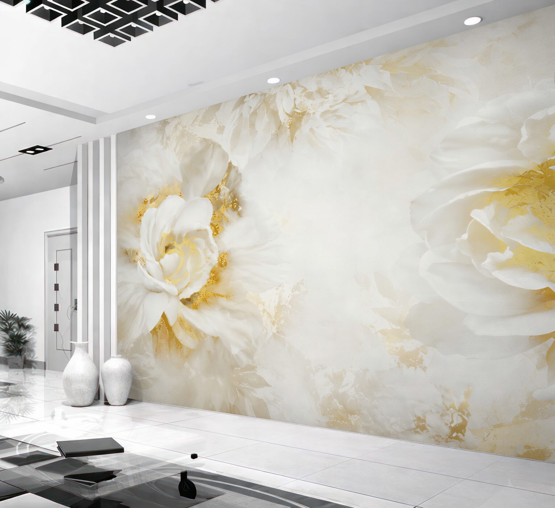 Papier peint Fleurs blanches avec de l'or