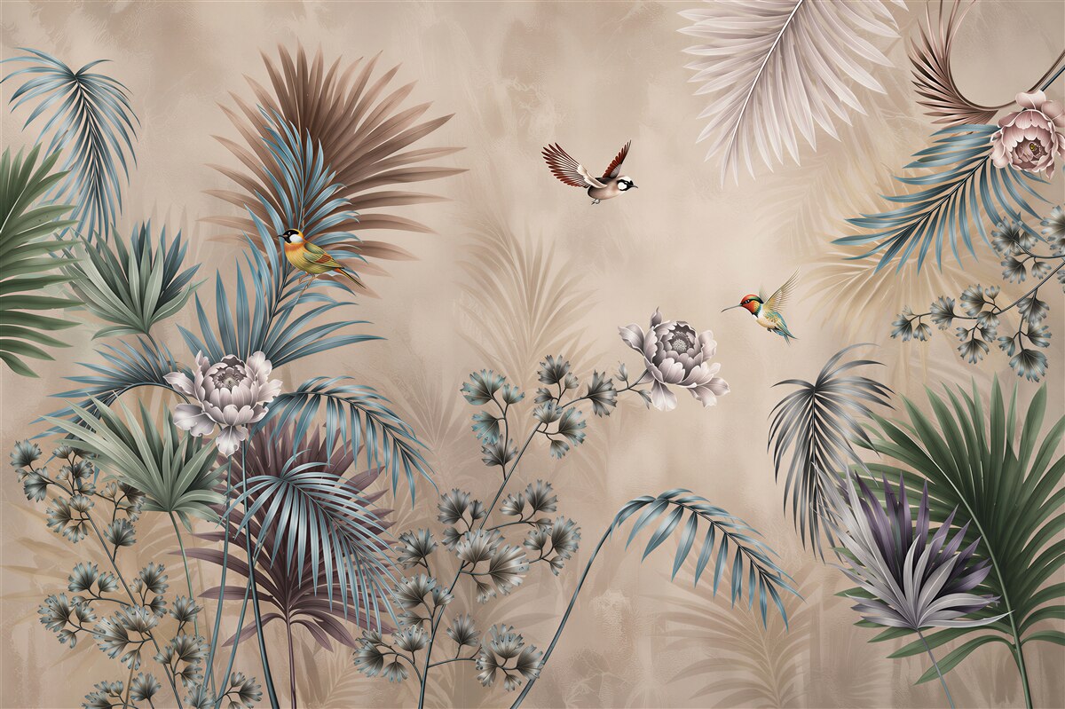 Papier peint oiseaux et feuillage tropical