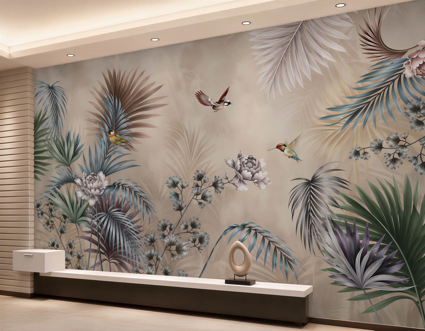 Papier peint oiseaux et feuillage tropical