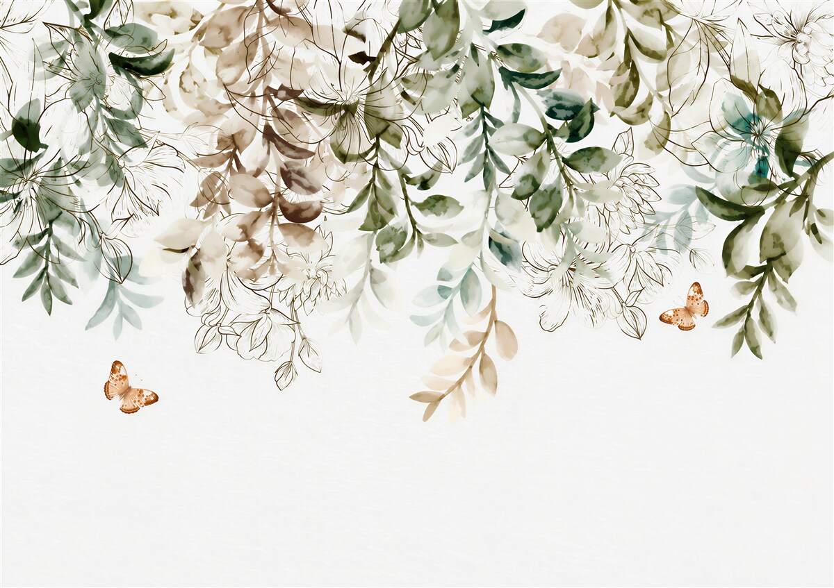 Papier peint végétation dense avec des papillons