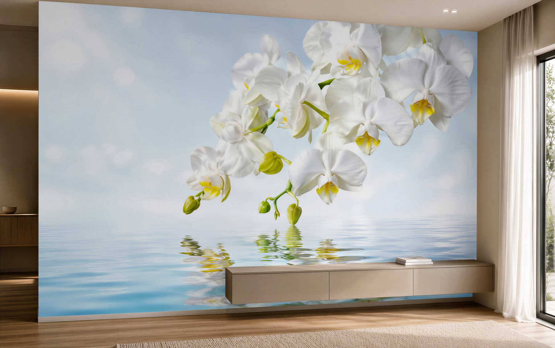Papier peint branche d'orchidée blanche près d'une eau calme