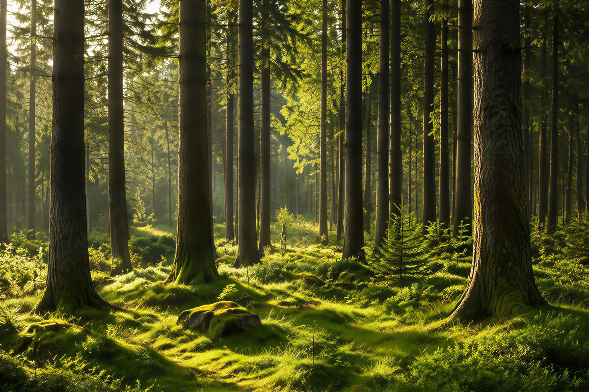 Papier peint vieux arbres élancés et mousse verte