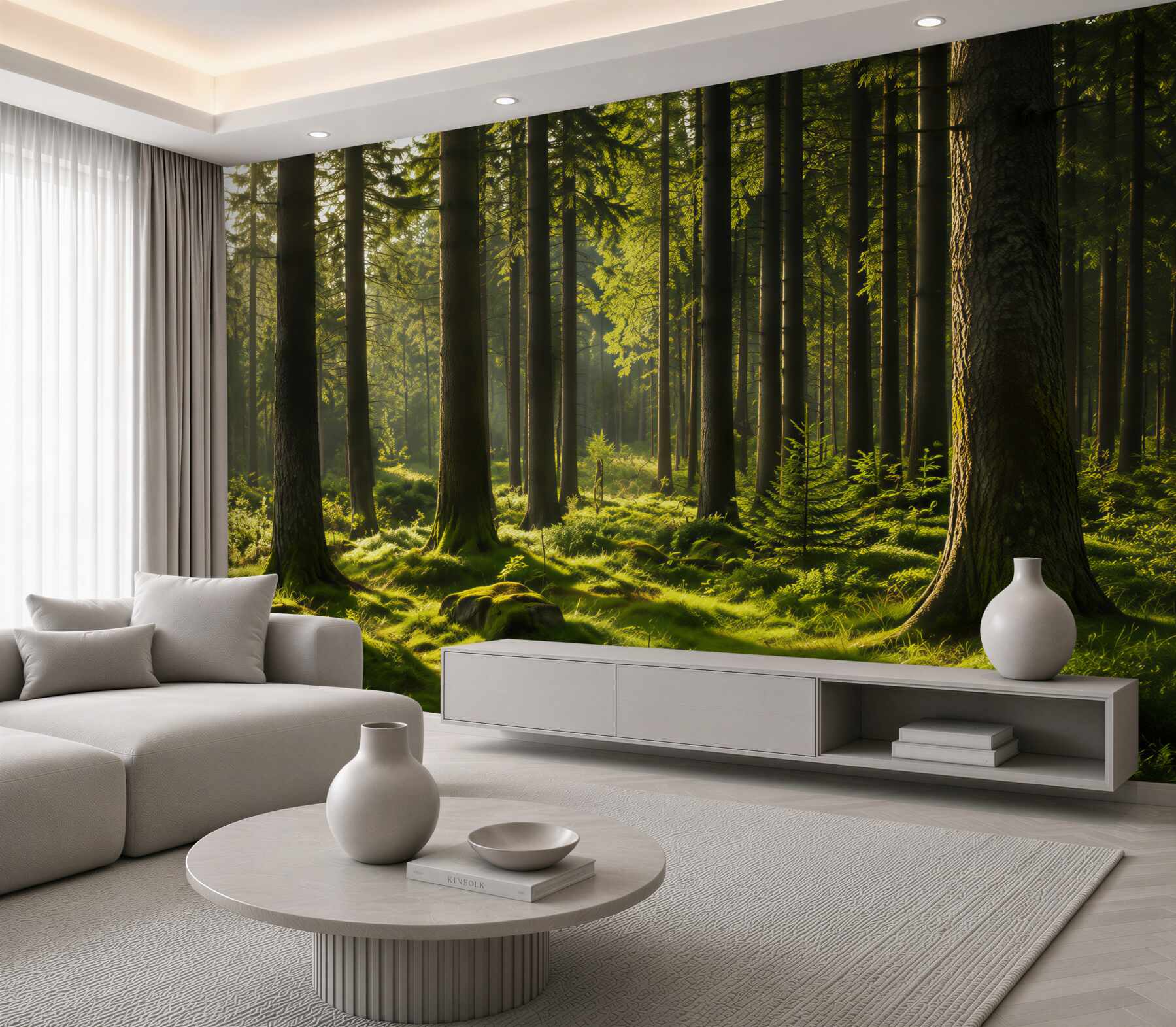 Papier peint vieux arbres élancés et mousse verte