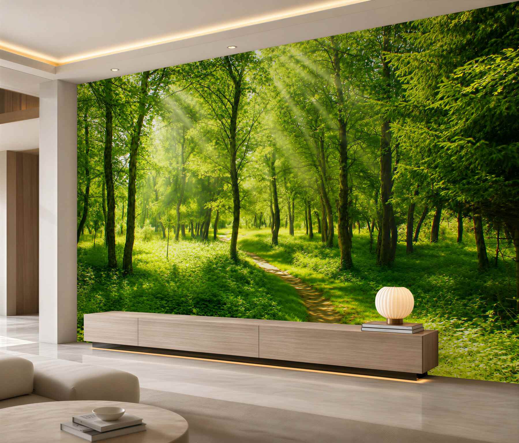 Papier peint rayons de soleil traversant une forêt dense et jeune