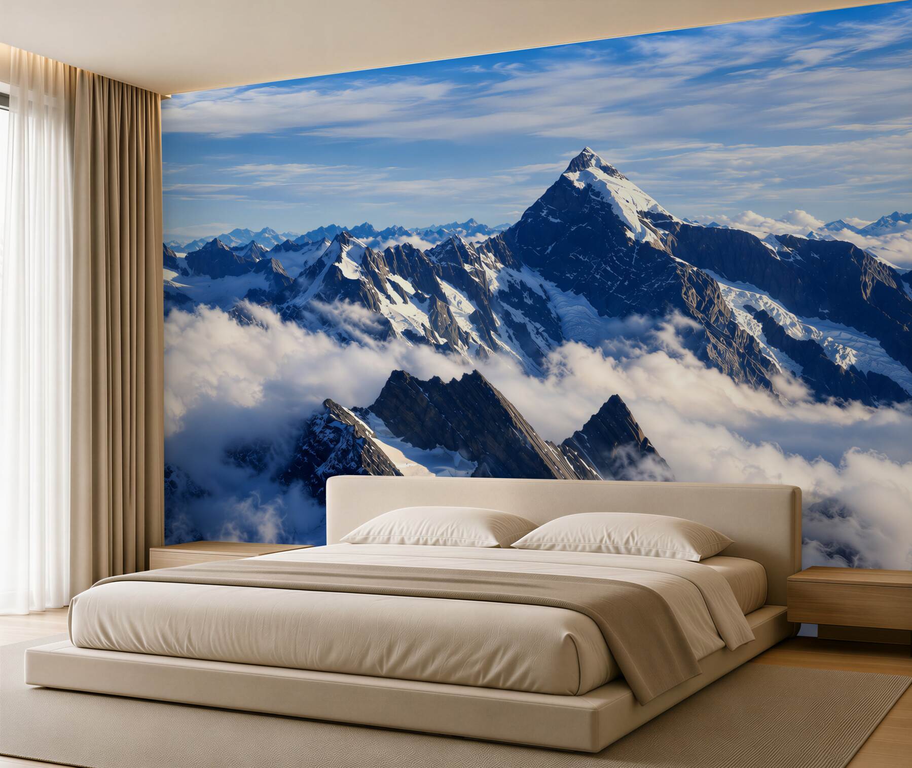 Papier peint brume froide s'infiltrant dans les montagnes