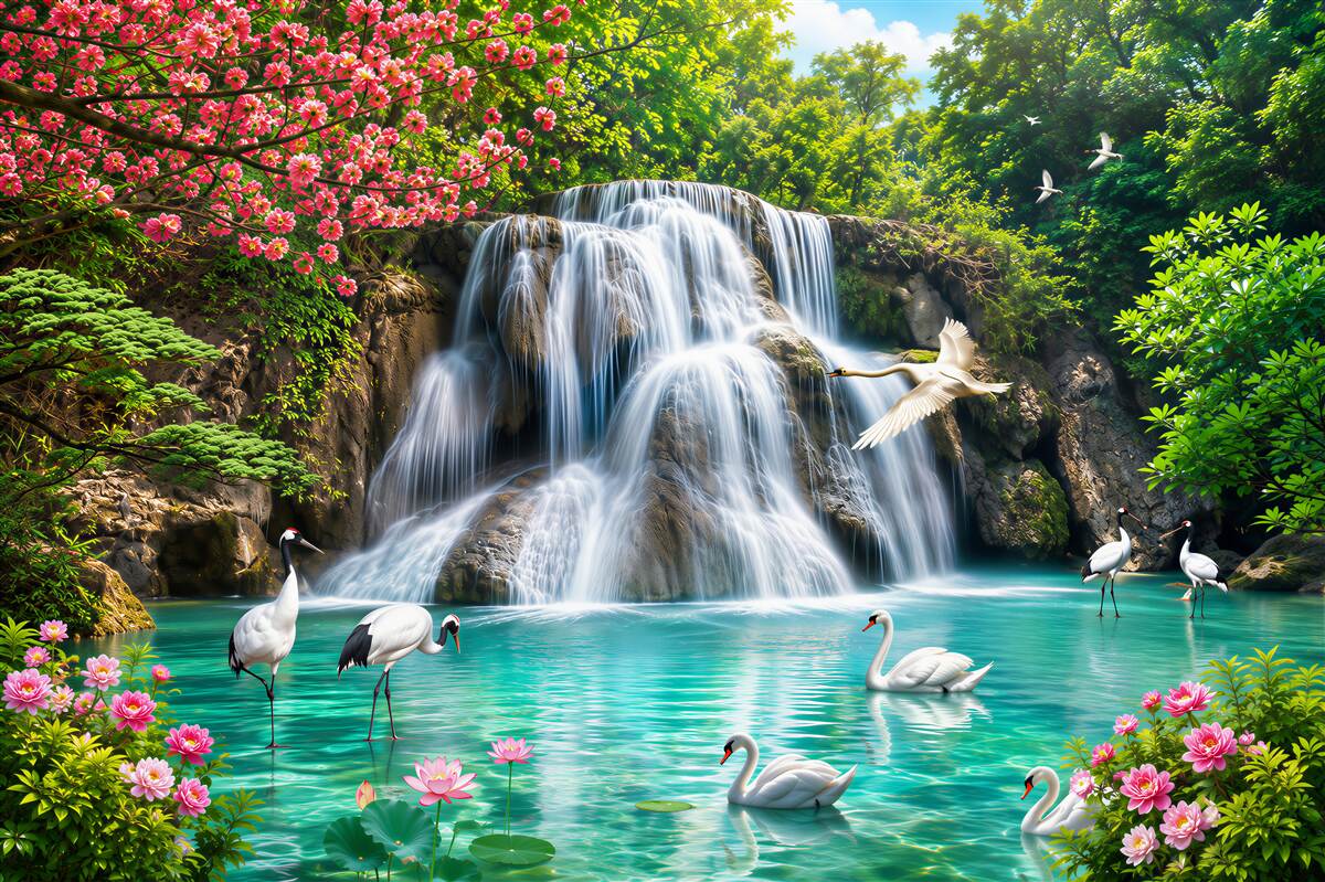 Papier peint cascade en cascade et cygnes dans l'eau azur