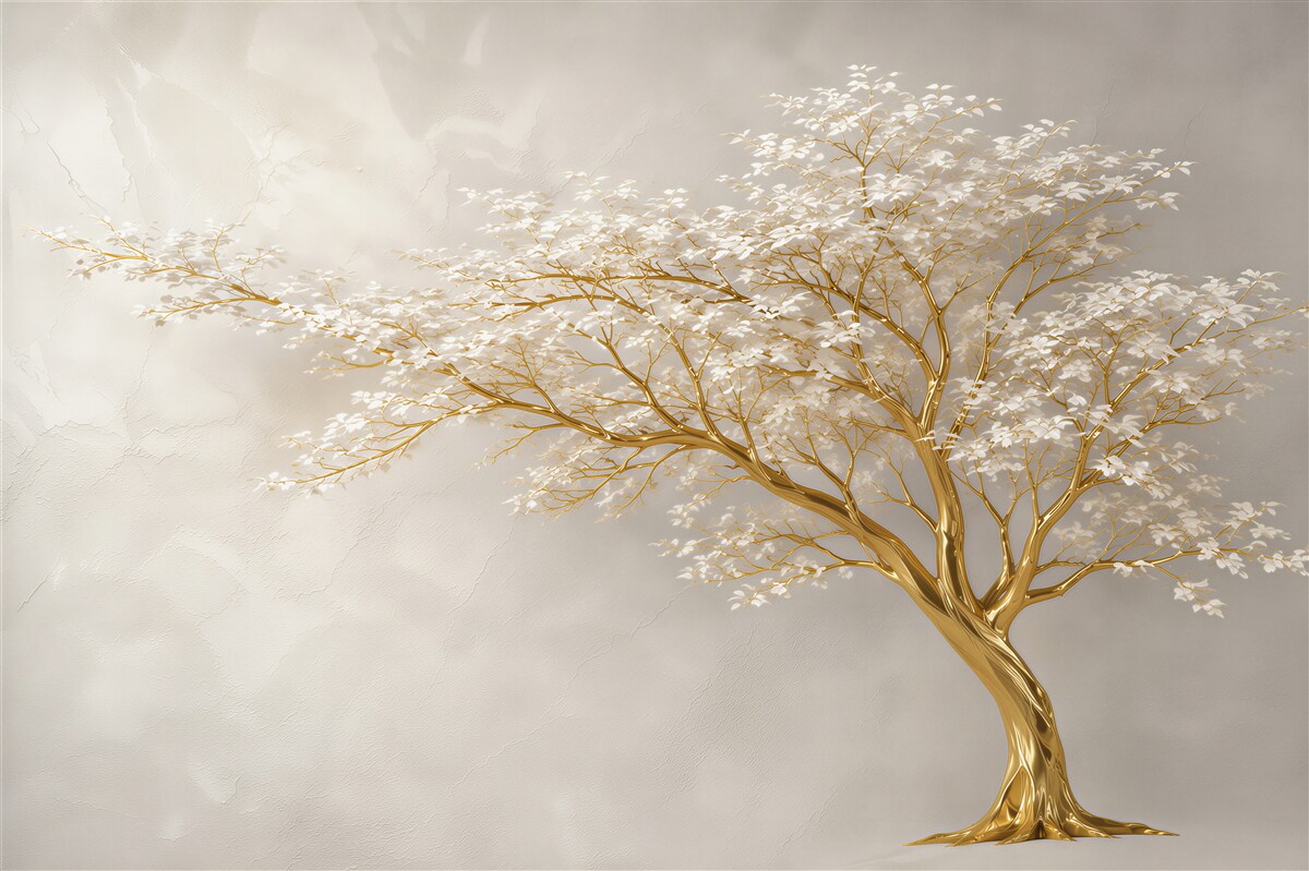 Papier peint grand arbre avec de nombreuses branches et fleurs blanches