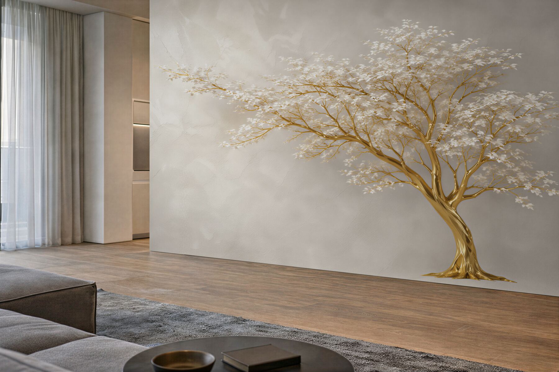 Papier peint grand arbre avec de nombreuses branches et fleurs blanches