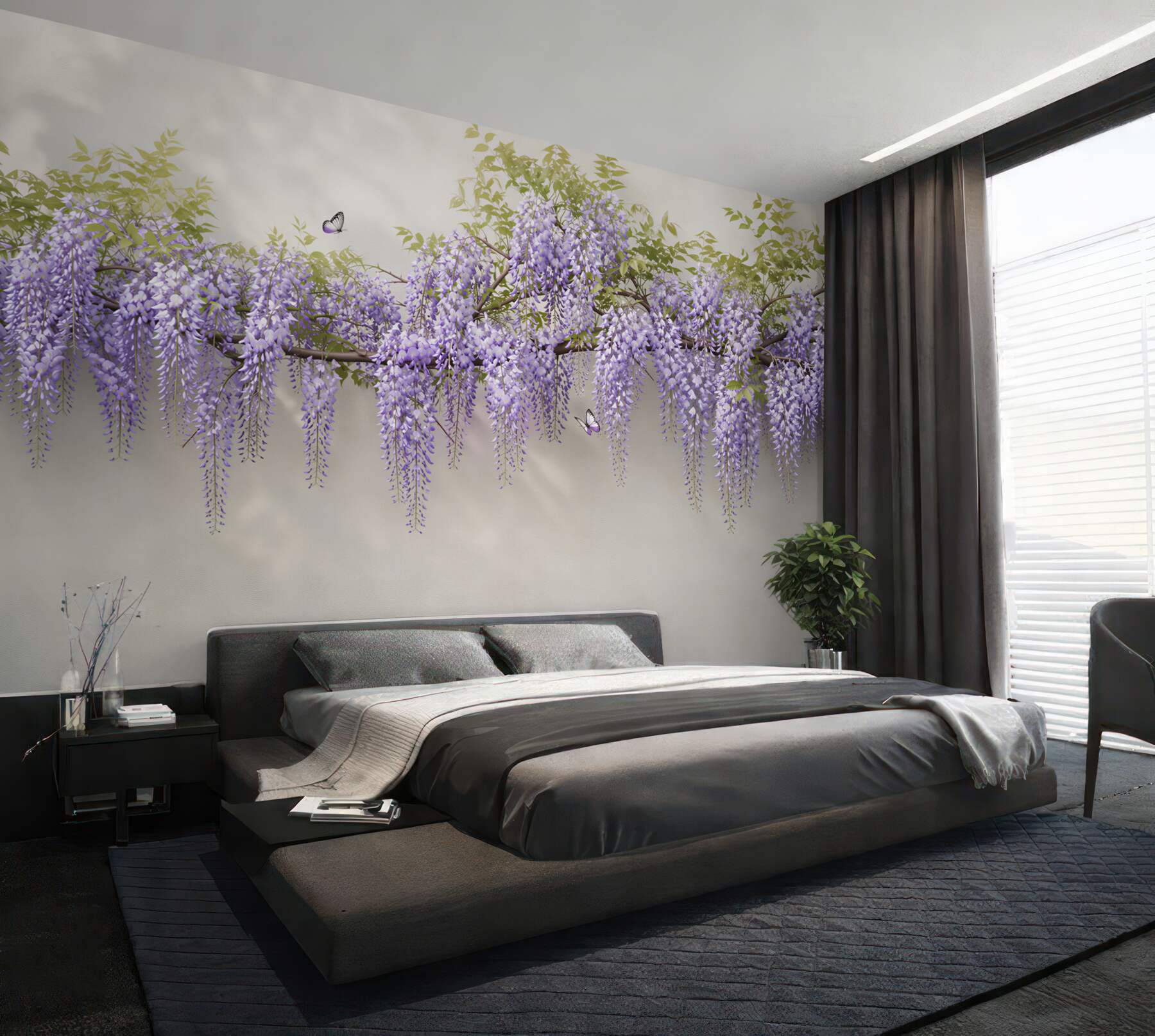 Papier peint papillons tourbillonnant près de fleurs violettes