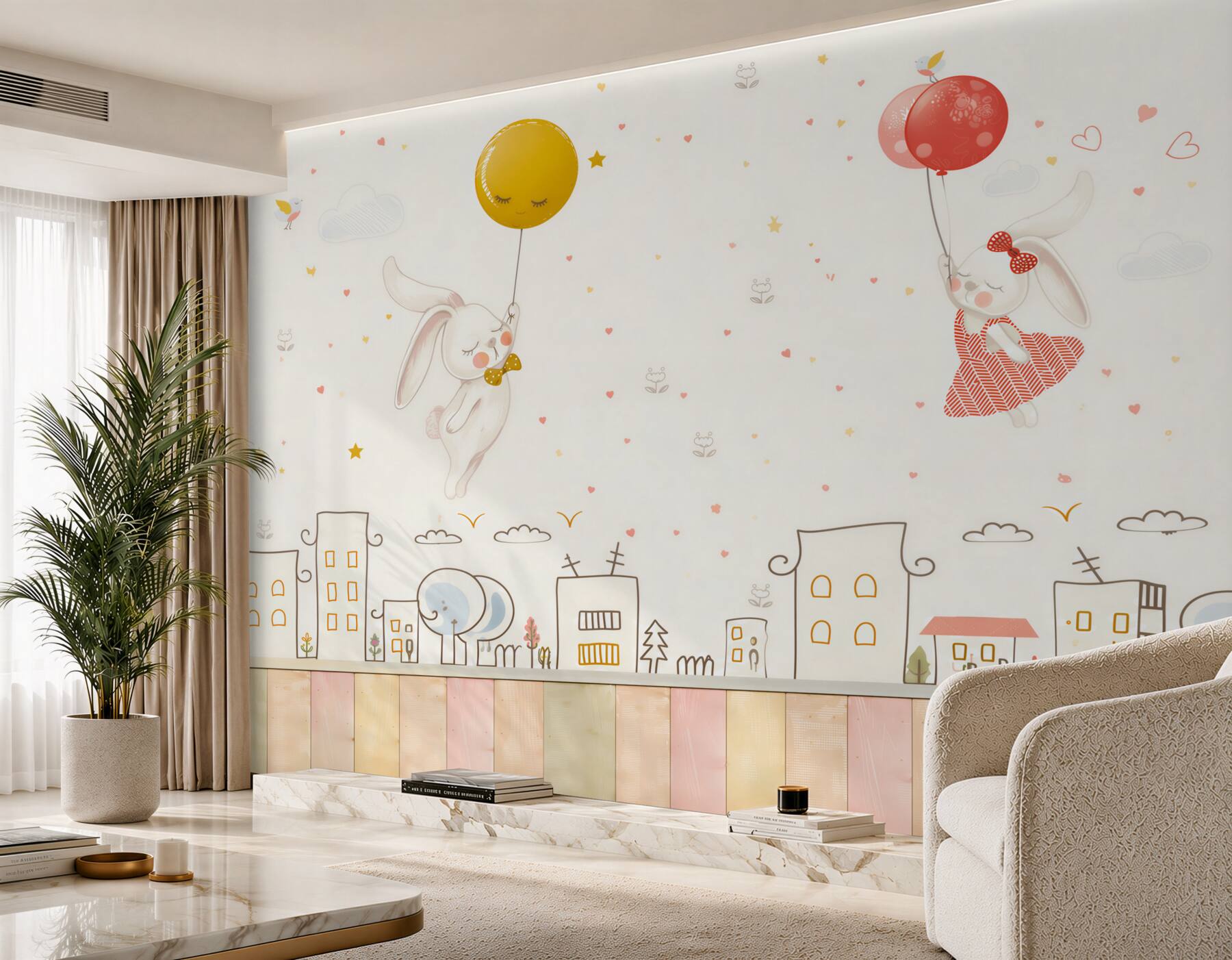 Papier peint Lapins flottant au-dessus des maisons avec des ballons