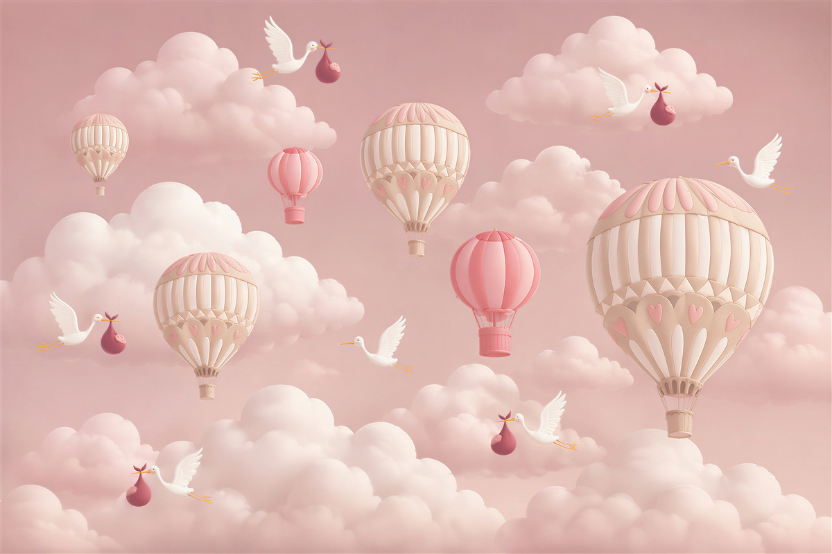 Papier peint Cigognes portant des enfants parmi des ballons