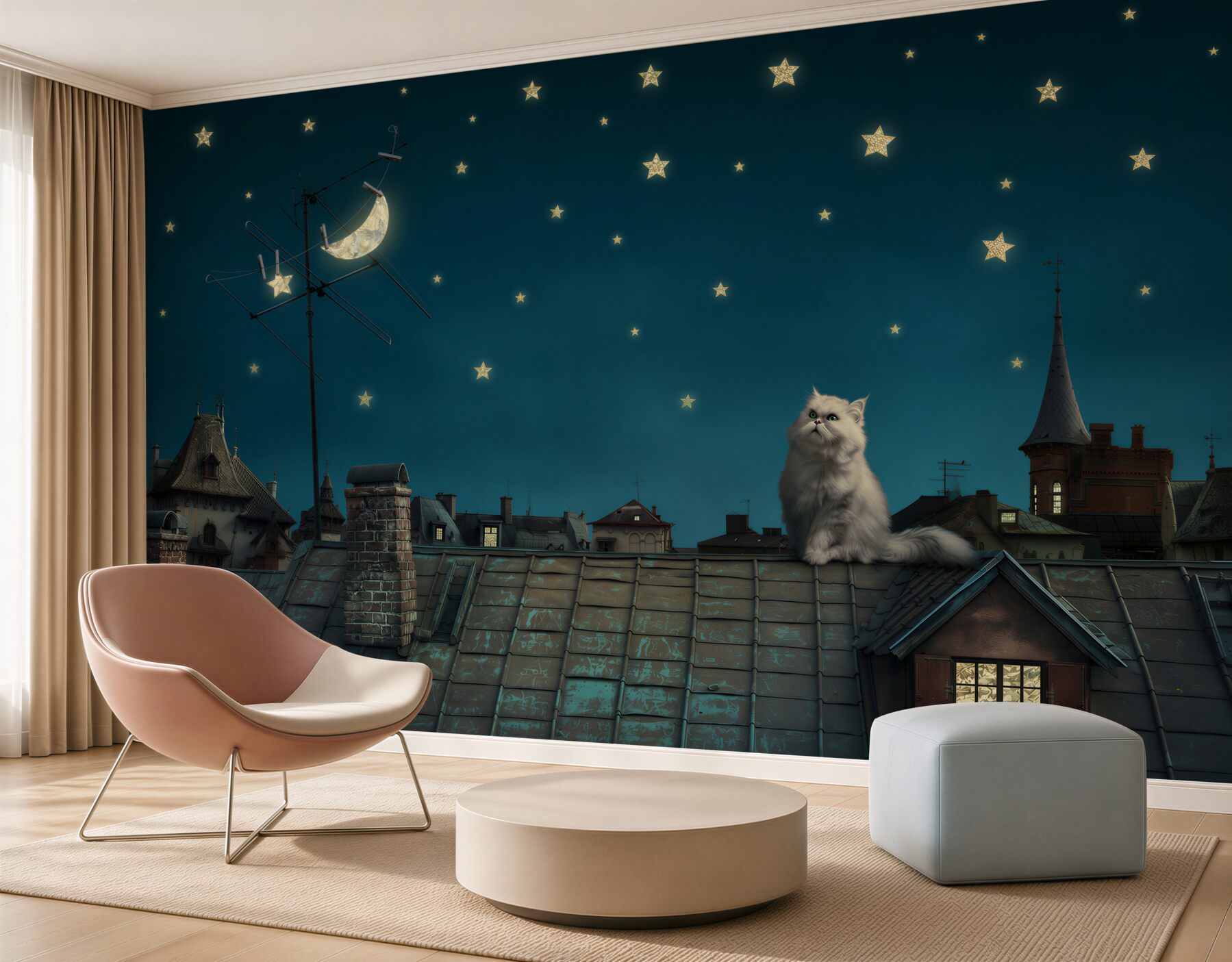 Papier peint Chat blanc sur le toit la nuit