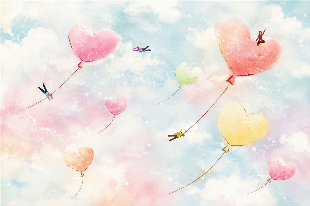 Papier peint personnes volant dans des ballons en forme de cœur