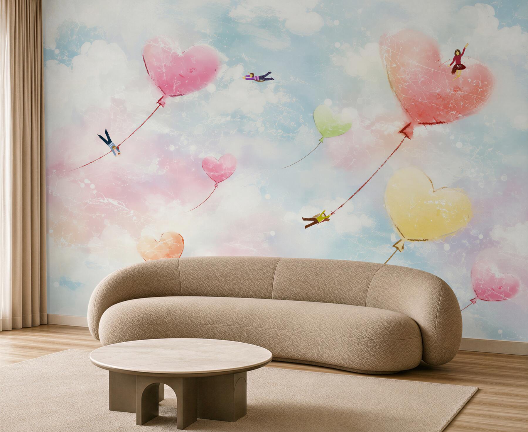 Papier peint personnes volant dans des ballons en forme de cœur