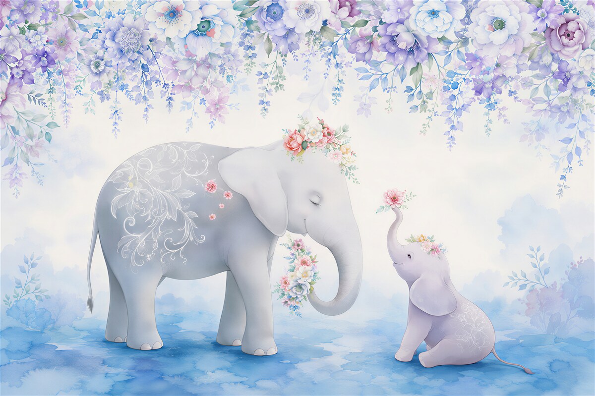 Papier peint Éléphant et éléphanteau dans les fleurs