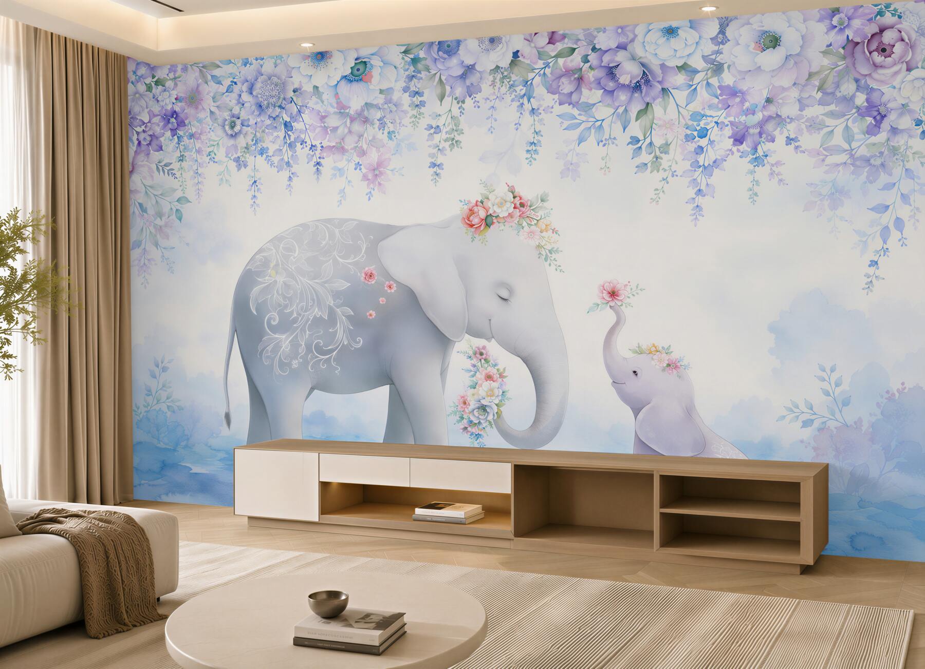 Papier peint Éléphant et éléphanteau dans les fleurs