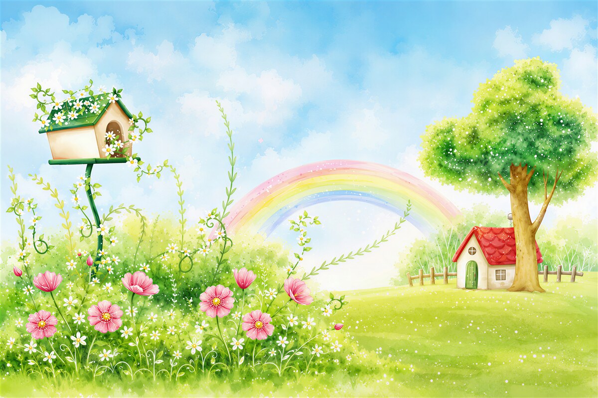 Papier peint Prairie, maison et arc-en-ciel