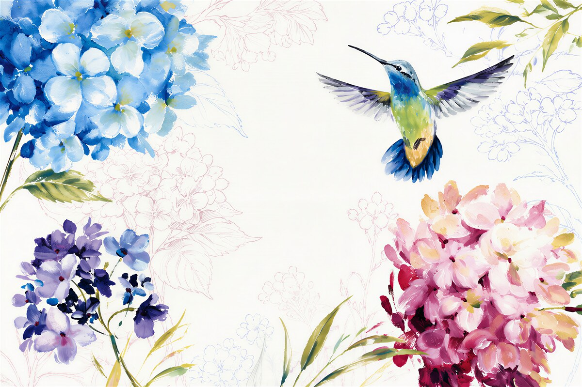 Papier peint Colibri dessiné autour de fleurs