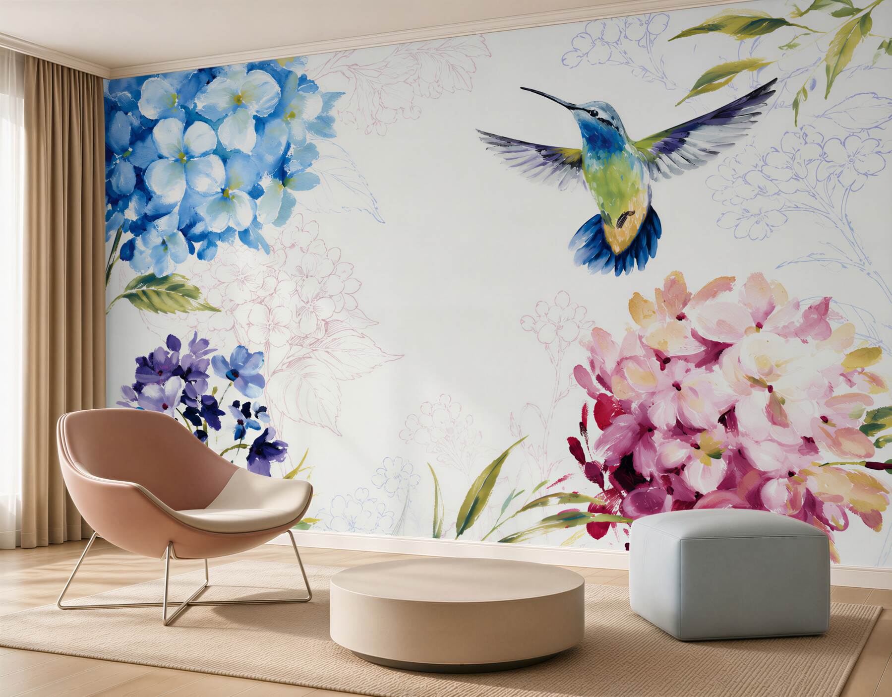 Papier peint Colibri dessiné autour de fleurs