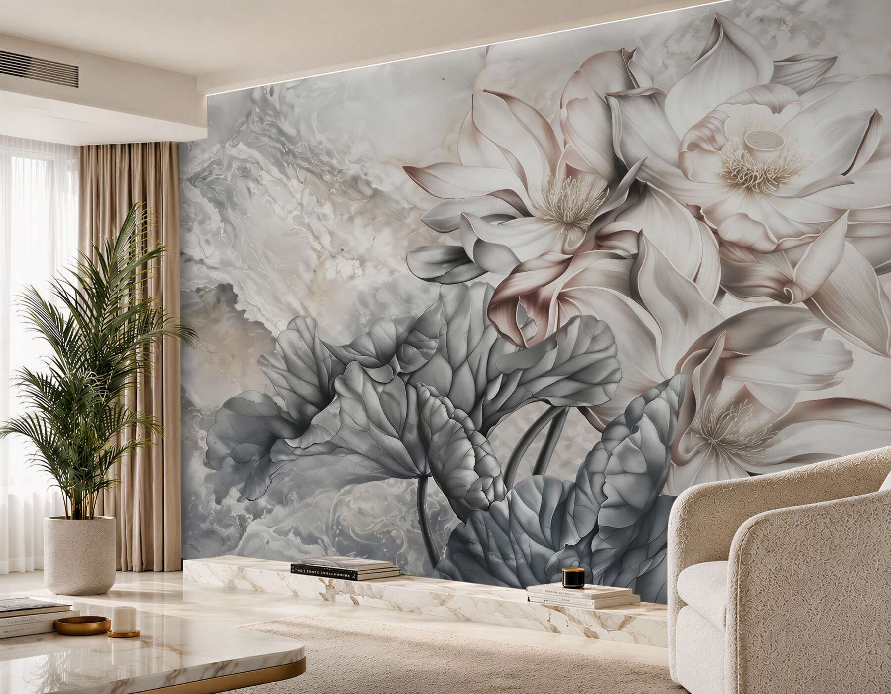 Papier peint grandes fleurs extraordinaires dessinées