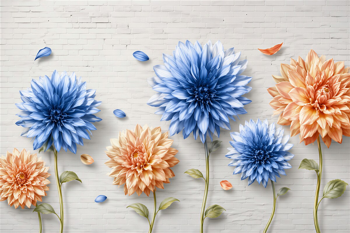 Papier peint Fleurs brunes et bleues sur fond en briques
